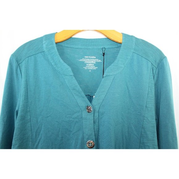 Neon Buddha Womens Teal Feeling Festive Shirt S NWT FLAW - Picture 2 of 8